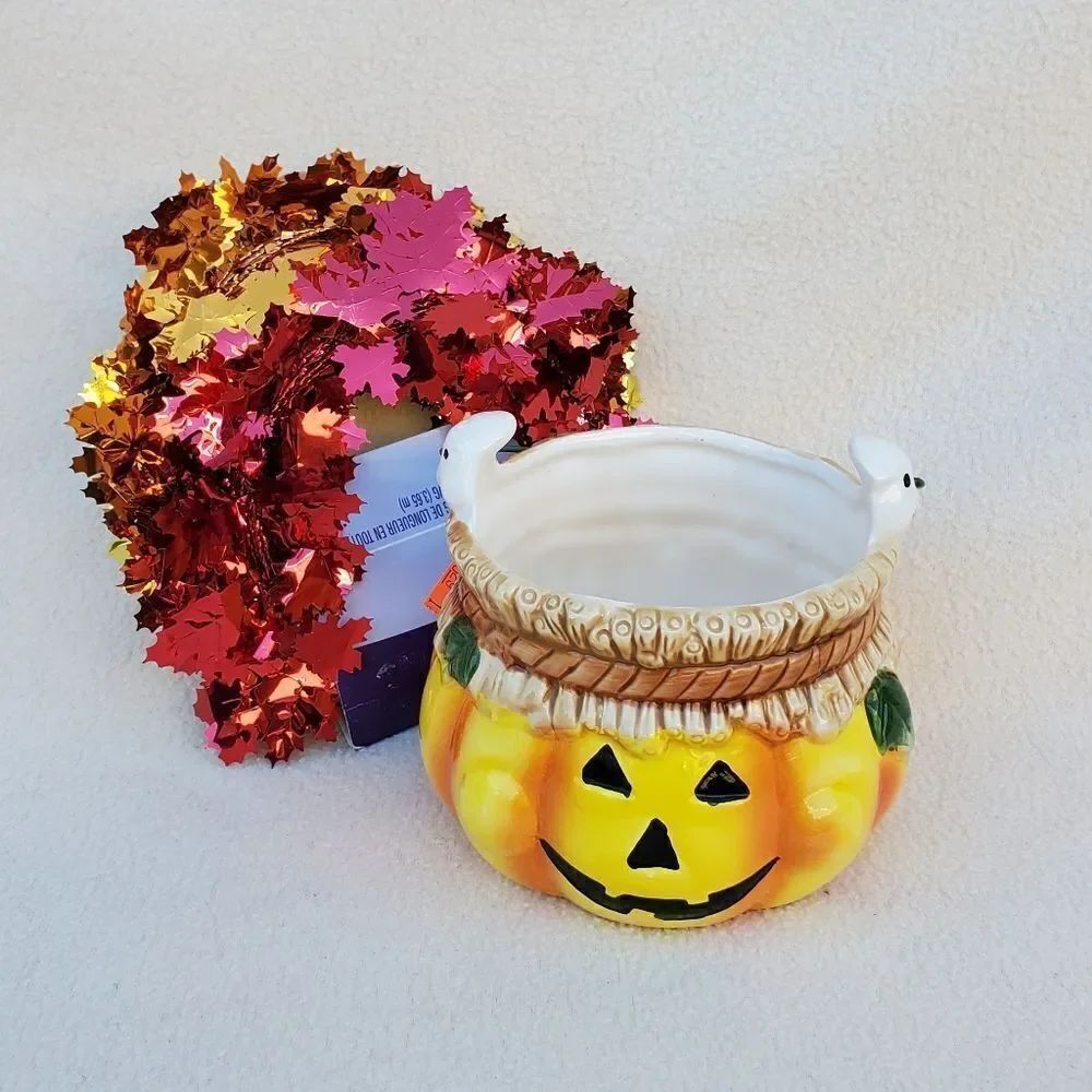 Fall bundle of a jack-o-lantern candy dish and metallic leaves garland